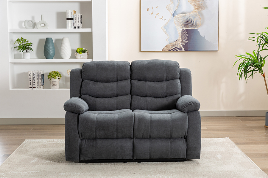 RC-9006 Sofá de dos plazas reclinable manual de tela de poliéster con brazos acolchados con parte superior tipo almohada